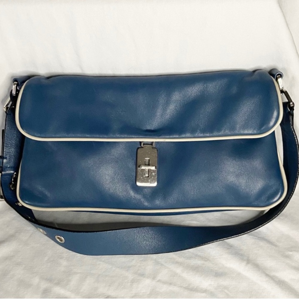 Prada vintage leather bag EXCELLENT CONDITION blue w white piping lock/keys